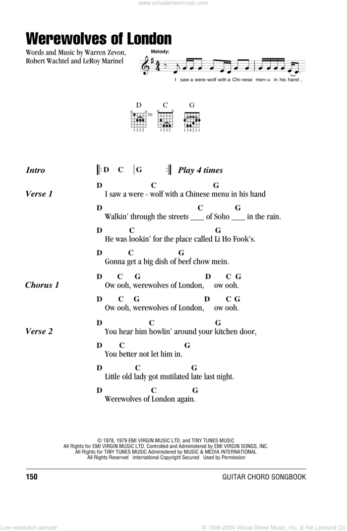 Werewolves Of London sheet music for guitar (chords) by Warren Zevon, LeRoy Marinel and Robert Wachtel, intermediate skill level