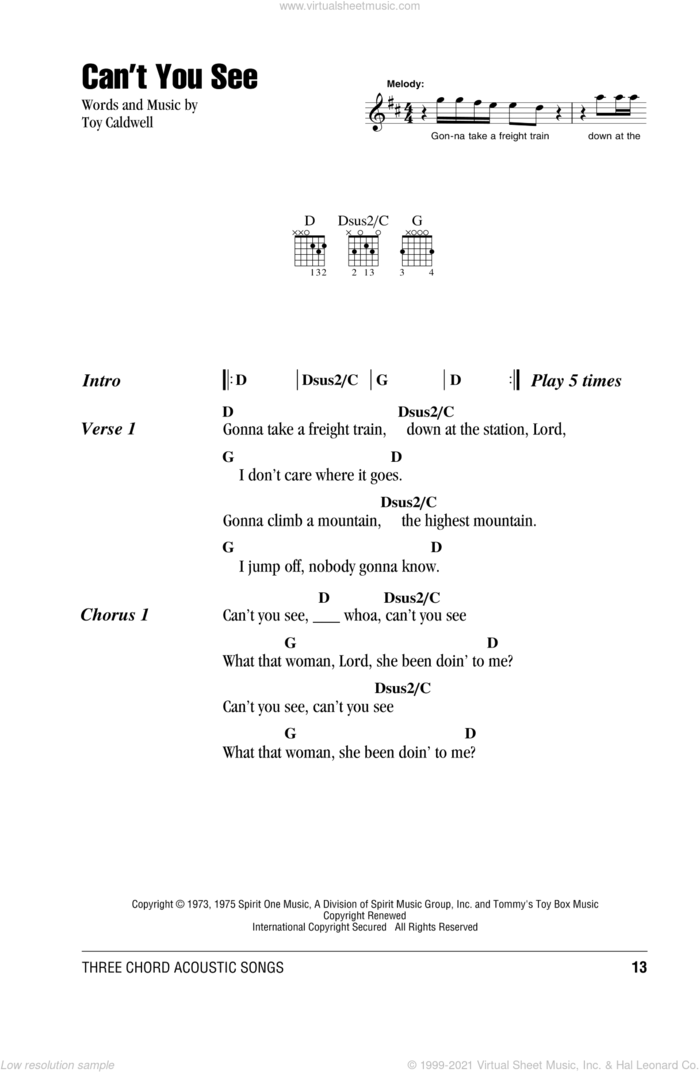 Can't You See sheet music for guitar (chords) by Marshall Tucker Band and Toy Caldwell, intermediate skill level