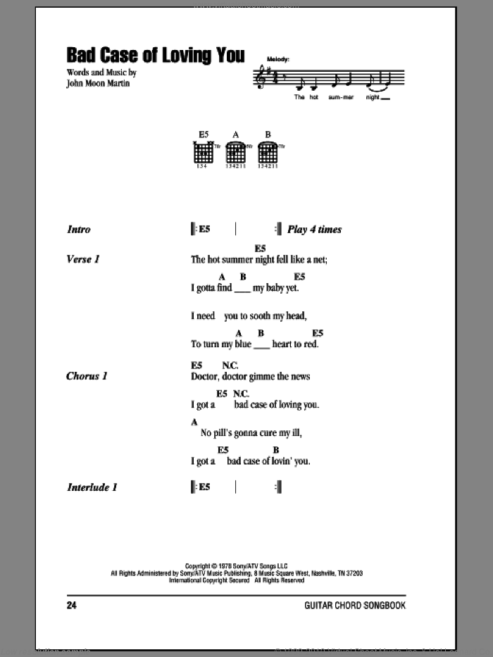 Bad Case Of Loving You sheet music for guitar (chords) by Robert Palmer and John Moon Martin, intermediate skill level
