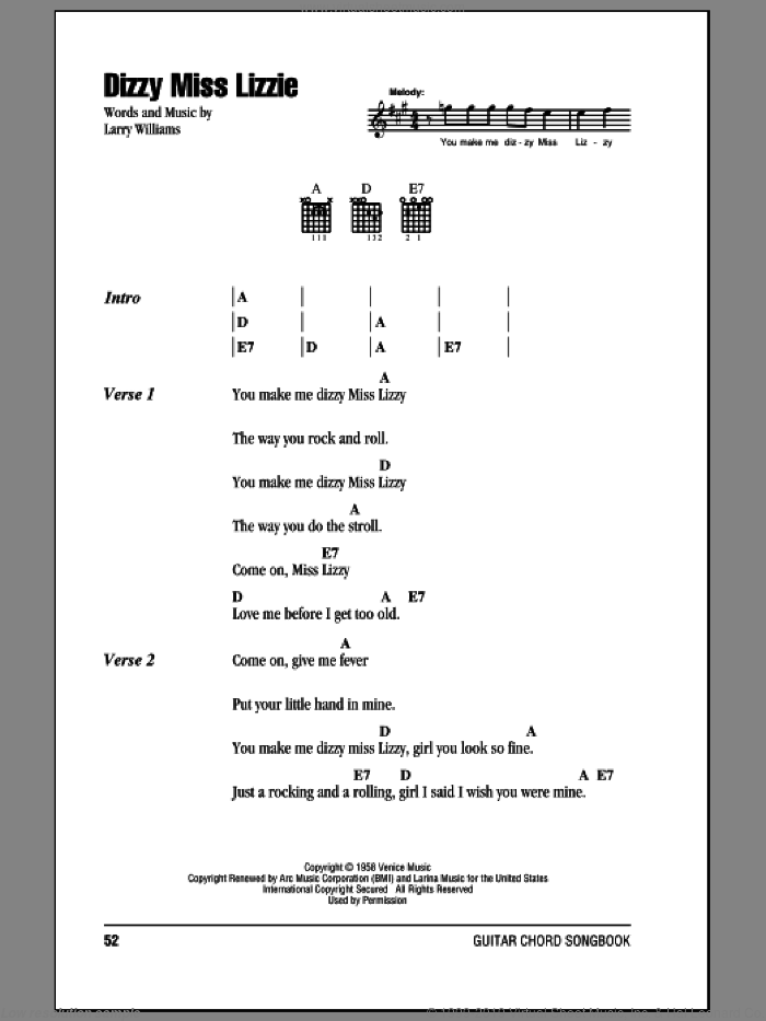Dizzy Miss Lizzie sheet music for guitar (chords) by The Beatles and Larry Williams, intermediate skill level