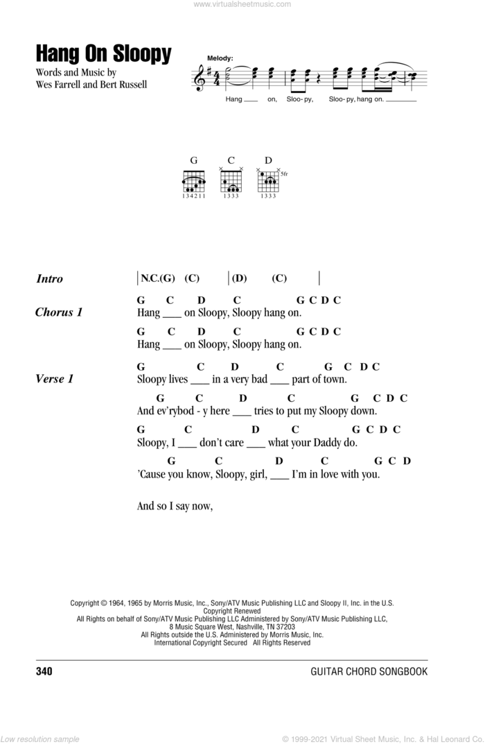 Hang On Sloopy sheet music for guitar (chords) by The McCoys, Bert Russell and Wes Farrell, intermediate skill level