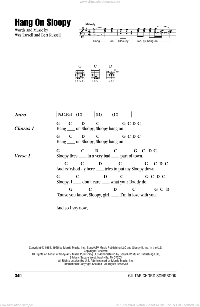 Hang On Sloopy sheet music for guitar (chords) by The McCoys, Bert Russell and Wes Farrell, intermediate skill level