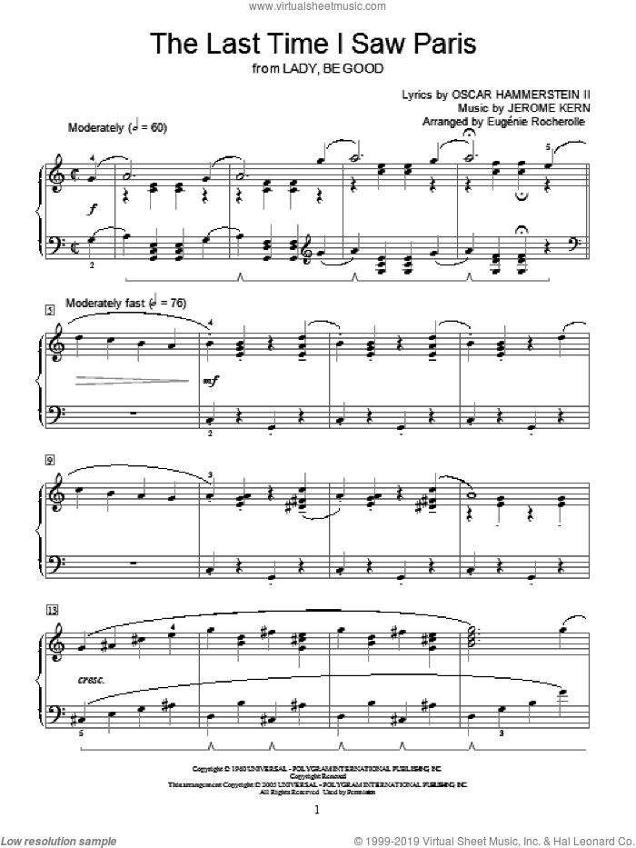The Last Time I Saw Paris sheet music for piano solo (elementary) by Jerome Kern, Miscellaneous and Oscar II Hammerstein, beginner piano (elementary)