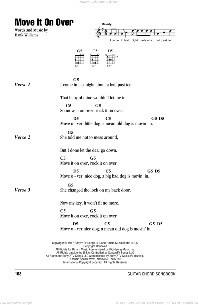 Move It On Over sheet music for guitar (chords) by Hank Williams, intermediate skill level