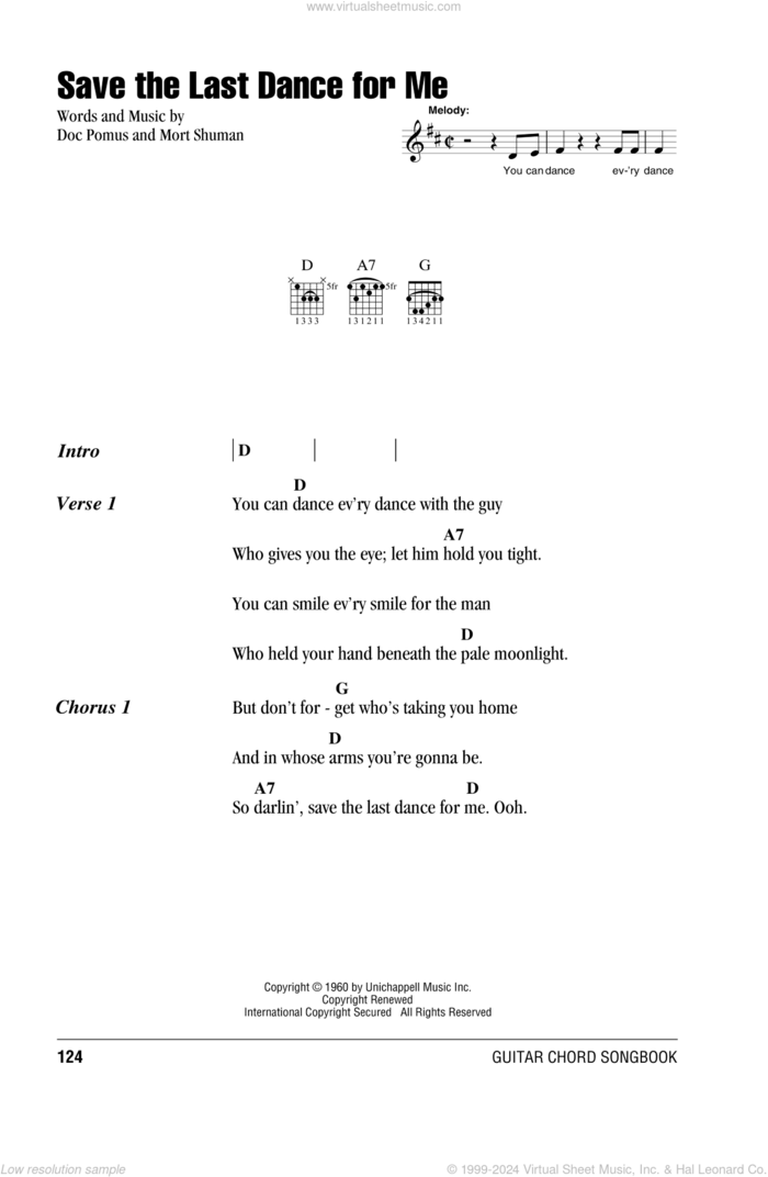 Save The Last Dance For Me sheet music for guitar (chords) by The Drifters, Doc Pomus, Jerome Pomus, Michael Buble and Mort Shuman, intermediate skill level