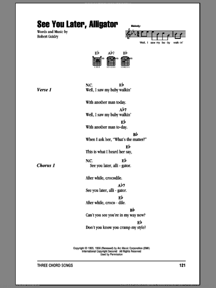 See You Later, Alligator sheet music for guitar (chords) by Bill Haley & His Comets and Robert Guidry, intermediate skill level