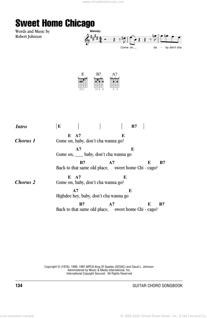 Sweet Home Chicago sheet music for guitar (chords) by Robert Johnson and Blues Brothers, intermediate skill level