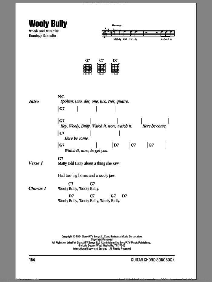 Wooly Bully sheet music for guitar (chords) by Sam The Sham & The Pharaohs and Domingo Samudio, intermediate skill level