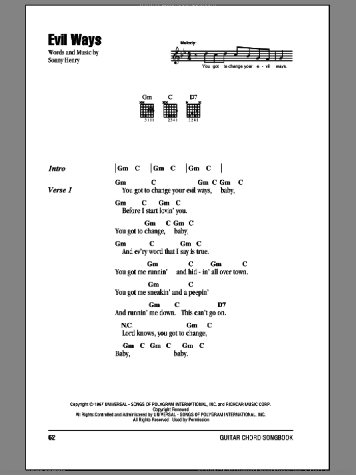 Evil Ways sheet music for guitar (chords) by Carlos Santana and Sonny Henry, intermediate skill level
