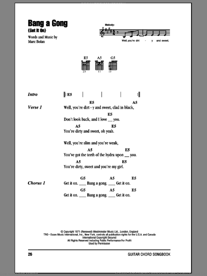 Bang A Gong (Get It On) sheet music for guitar (chords) by T Rex and Marc Bolan, intermediate skill level