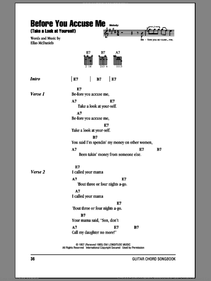 Before You Accuse Me (Take A Look At Yourself) sheet music for guitar (chords) by Eric Clapton, Creedence Clearwater Revival and Ellas McDaniels, intermediate skill level