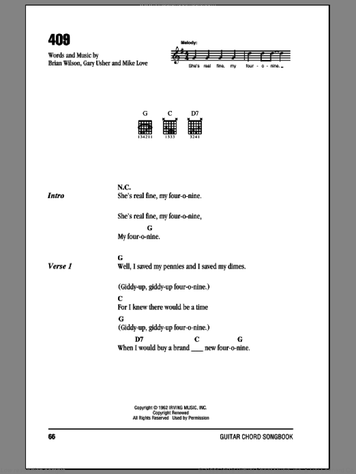 409 sheet music for guitar (chords) by The Beach Boys, Brian Wilson, Gary Usher and Mike Love, intermediate skill level