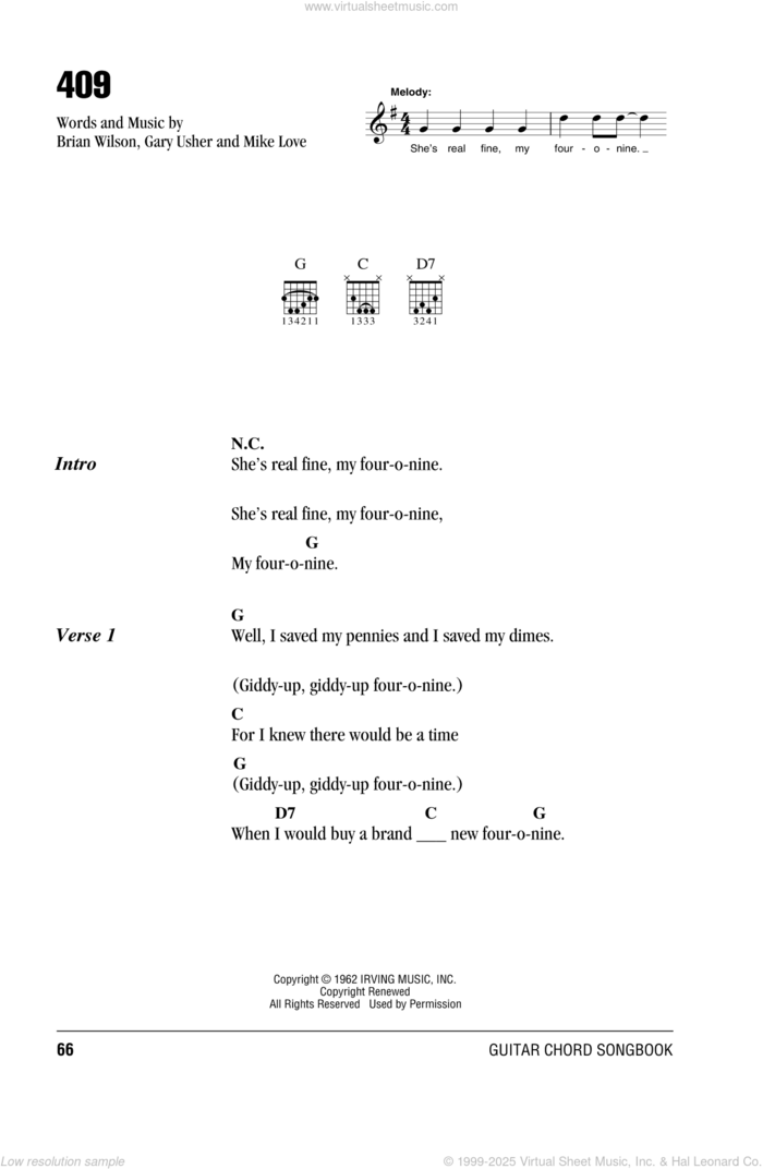 409 sheet music for guitar (chords) by The Beach Boys, Brian Wilson, Gary Usher and Mike Love, intermediate skill level