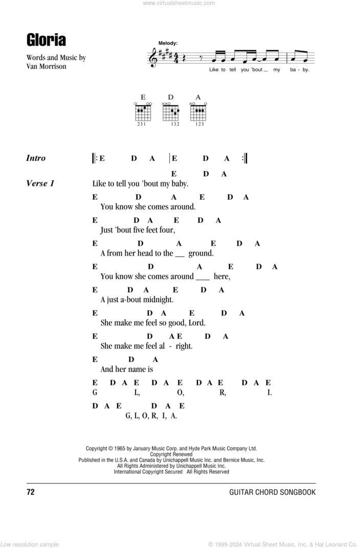 Gloria sheet music for guitar (chords) by The Doors, Shadows Of Night and Van Morrison, intermediate skill level