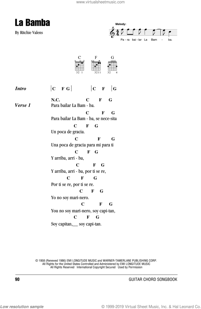 La Bamba sheet music for guitar (chords) by Ritchie Valens and Los Lobos, intermediate skill level