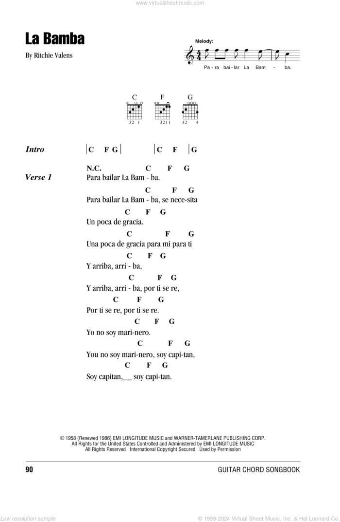 La Bamba sheet music for guitar (chords) by Ritchie Valens and Los Lobos, intermediate skill level