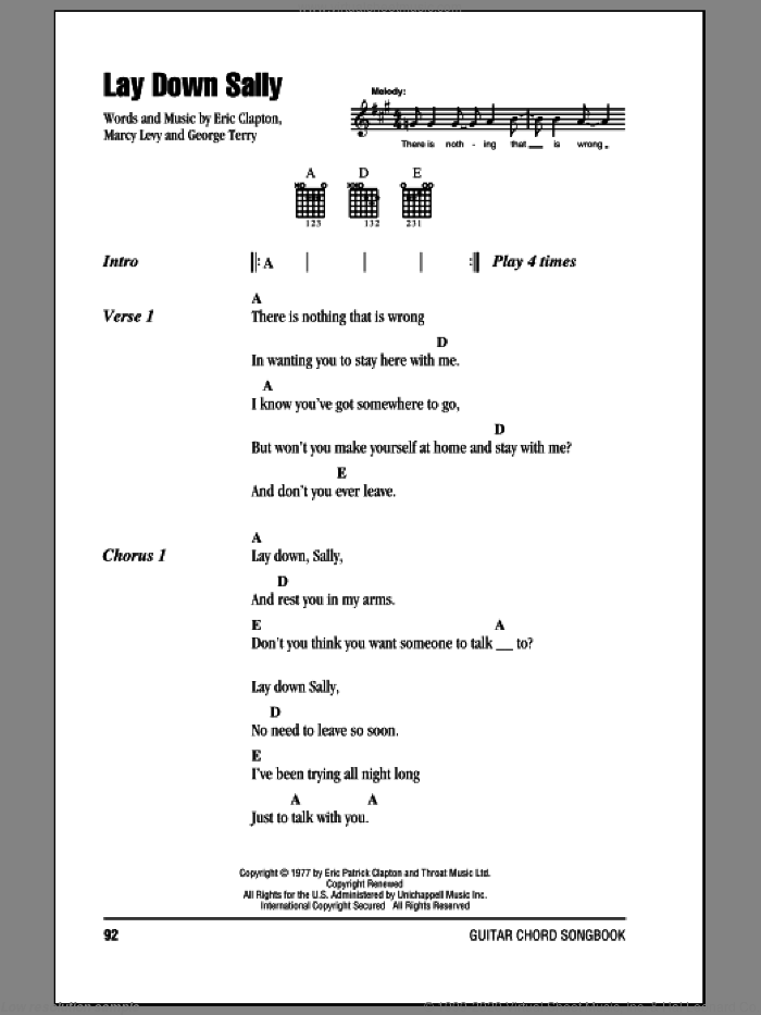Lay Down Sally sheet music for guitar (chords) by Eric Clapton, George Terry and Marcy Levy, intermediate skill level