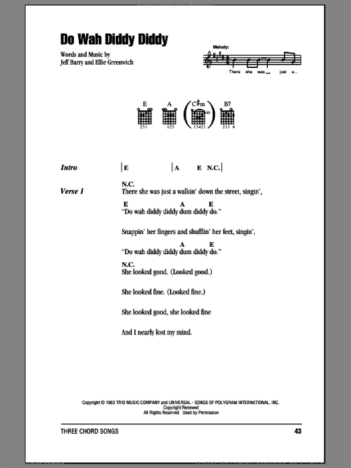 Do Wah Diddy Diddy sheet music for guitar (chords) by Manfred Mann, Ellie Greenwich and Jeff Barry, intermediate skill level