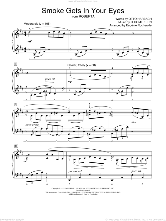 Smoke Gets In Your Eyes (from Roberta) (arr. Eugenie Rocherolle) sheet music for piano solo (elementary) by Jerome Kern, The Platters, Miscellaneous and Otto Harbach, beginner piano (elementary)