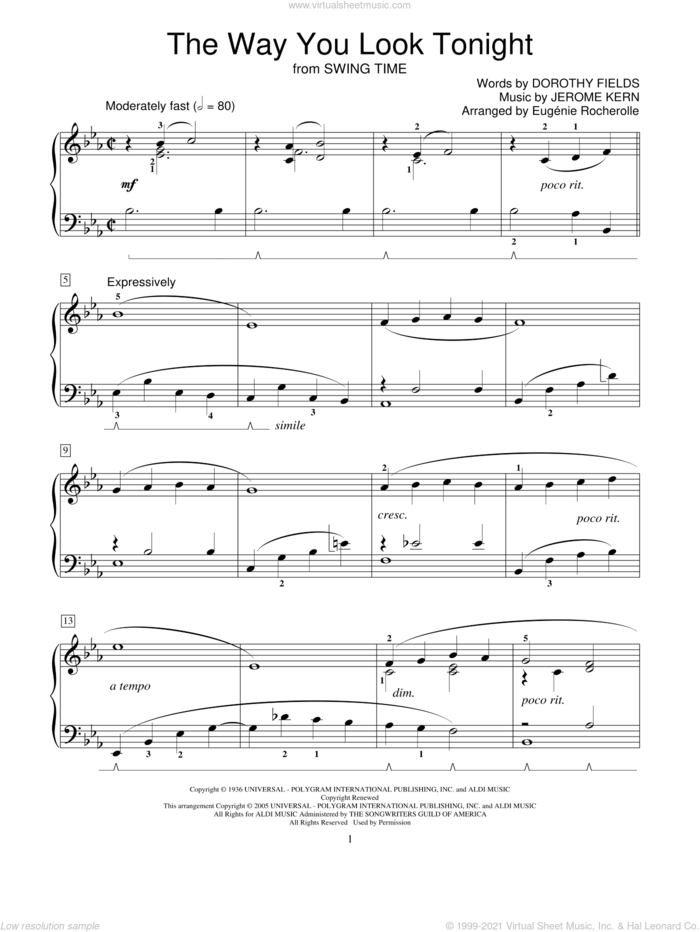 The Way You Look Tonight, (beginner) sheet music for piano solo (elementary) by Jerome Kern, Miscellaneous and Dorothy Fields, wedding score, beginner piano (elementary)