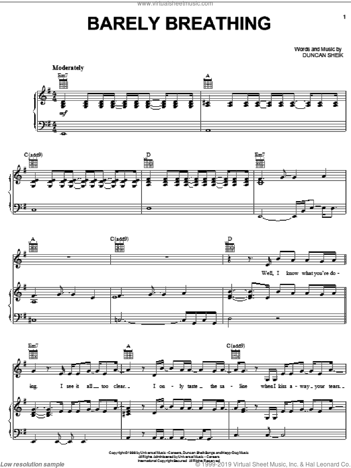 Barely Breathing sheet music for voice, piano or guitar by Duncan Sheik, intermediate skill level