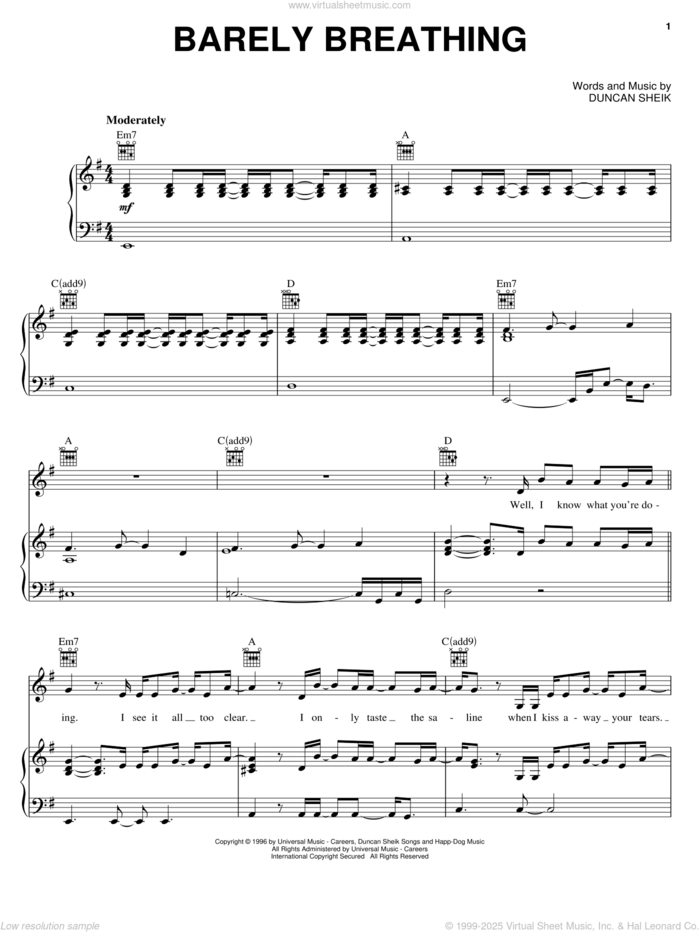 Barely Breathing sheet music for voice, piano or guitar by Duncan Sheik, intermediate skill level