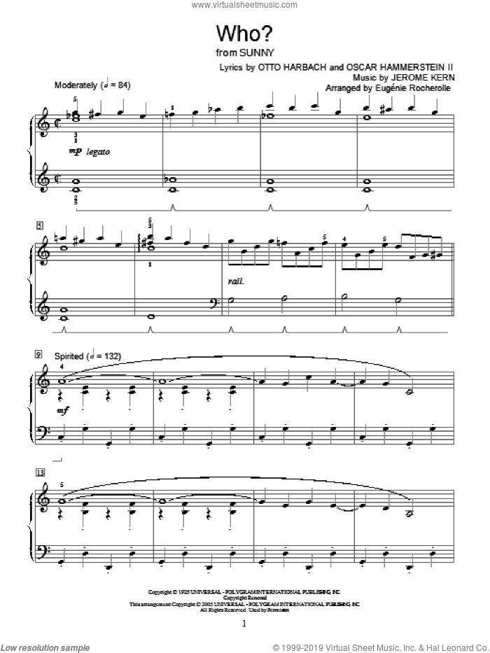 Who? sheet music for piano solo (elementary) by Jerome Kern, Miscellaneous, Oscar II Hammerstein and Otto Harbach, beginner piano (elementary)
