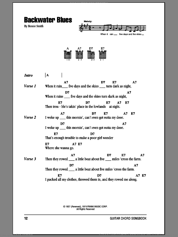 Backwater Blues sheet music for guitar (chords) by Bessie Smith, intermediate skill level