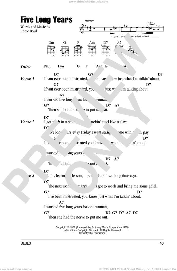 Five Long Years sheet music for guitar (chords) by Eric Clapton and Eddie Boyd, intermediate skill level