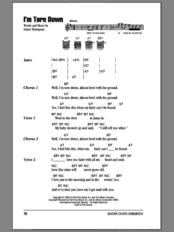 I'm Tore Down sheet music for guitar (chords) by Eric Clapton and Sonny Thompson, intermediate skill level