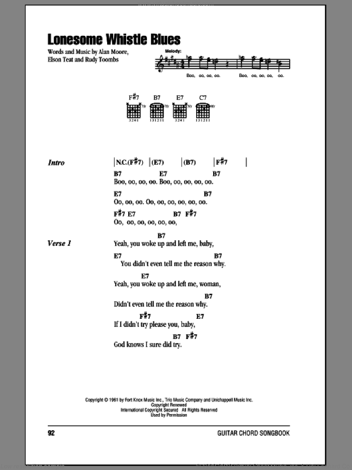 Lonesome Whistle Blues sheet music for guitar (chords) by Rudy Toombs, Alan Moore and Elson Teat, intermediate skill level