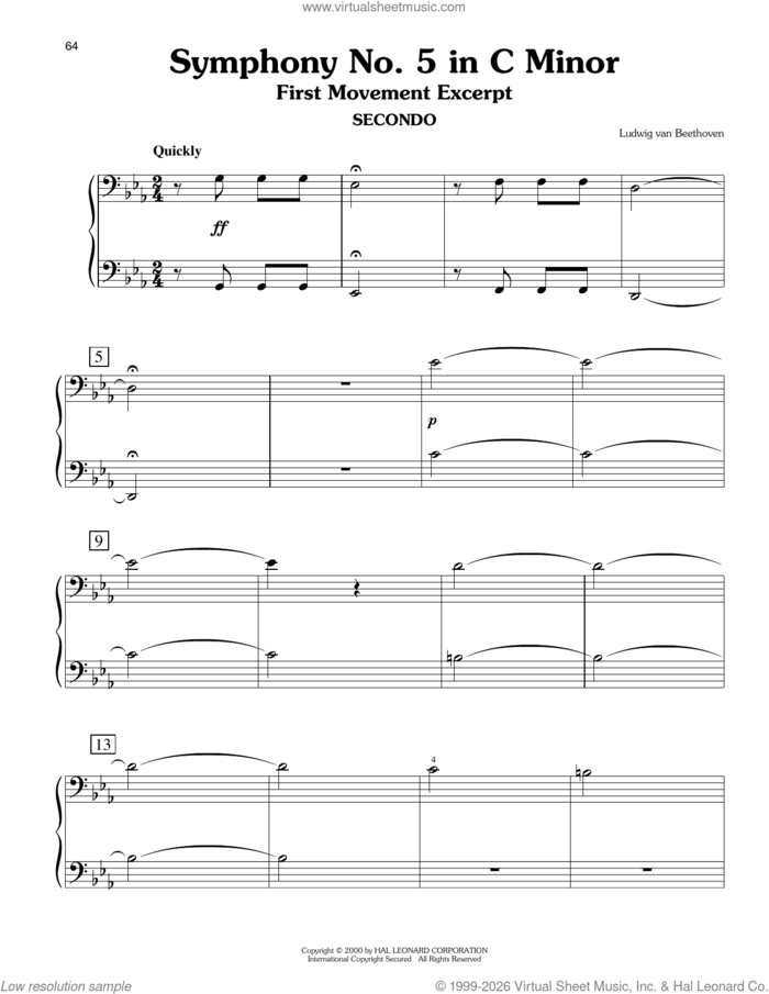 Symphony No. 5 In C Minor, First Movement Excerpt (arr. Carol Klose) sheet music for piano four hands by Ludwig Van Beethoven and Carol Klose, classical score, easy skill level