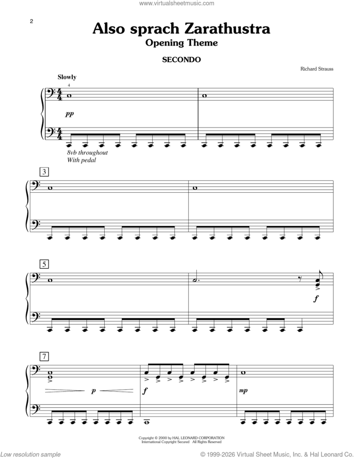 Also Sprach Zarathustra, Opening Theme (arr. Carol Klose) sheet music for piano four hands by Richard Strauss and Carol Klose, classical score, easy skill level