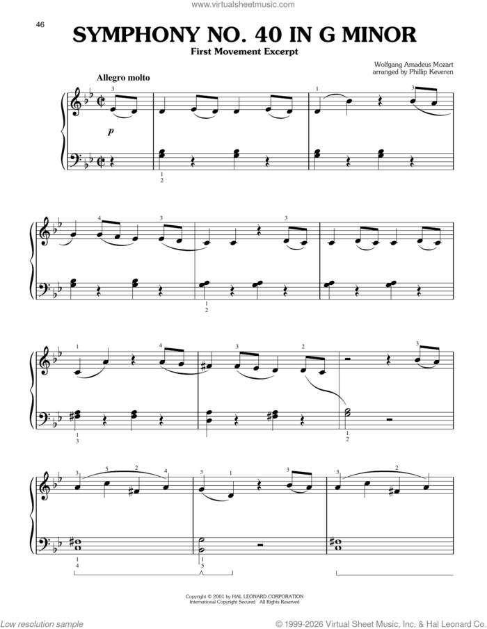 Symphony No. 40 In G Minor, First Movement Excerpt (arr. Phillip Keveren) sheet music for piano solo by Wolfgang Amadeus Mozart and Phillip Keveren, classical score, easy skill level
