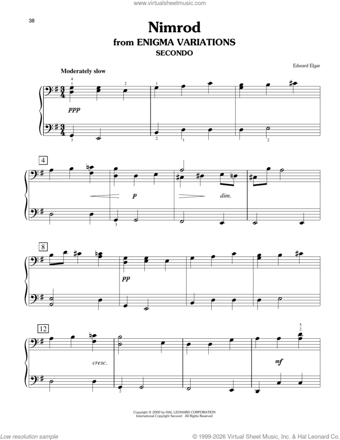 Nimrod (arr. Carol Klose) sheet music for piano four hands by Edward Elgar and Carol Klose, classical score, easy skill level