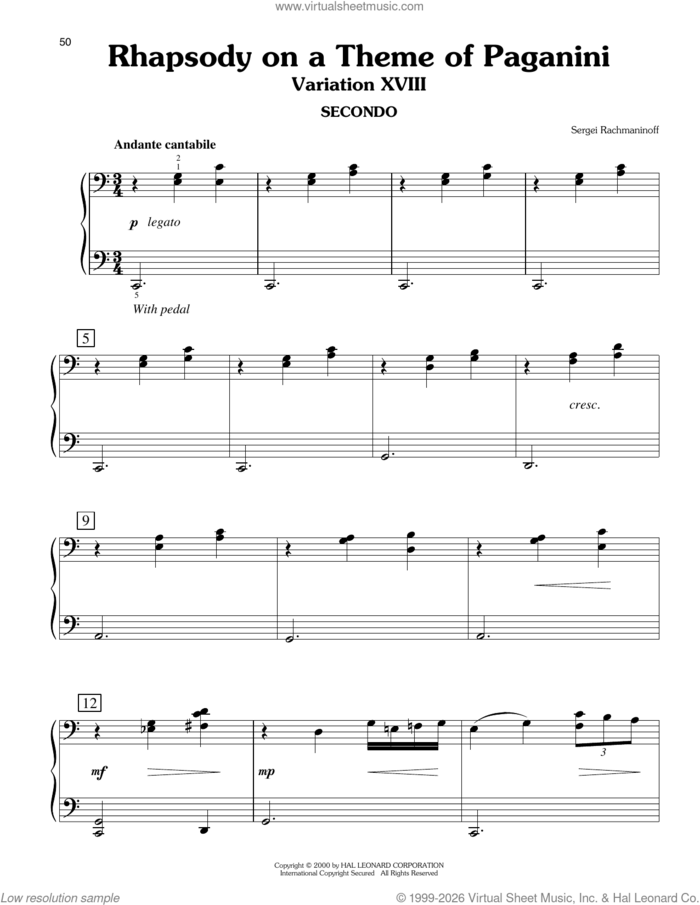 Rhapsody On A Theme Of Paganini, Variation XVIII (arr. Carol Klose) sheet music for piano four hands by Serjeij Rachmaninoff and Carol Klose, classical wedding score, easy skill level