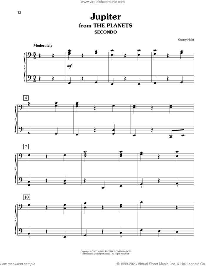 Jupiter (arr. Carol Klose) sheet music for piano four hands by Gustav Holst and Carol Klose, classical score, easy skill level