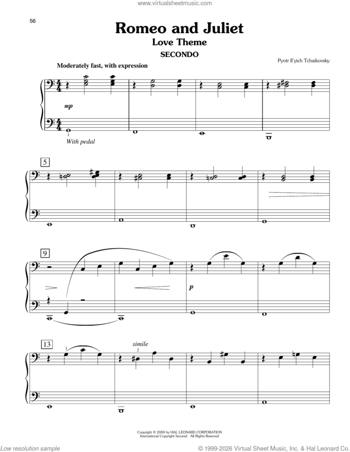 Romeo And Juliet (Love Theme) (arr. Carol Klose) sheet music for piano four hands by Pyotr Ilyich Tchaikovsky and Carol Klose, classical score, easy skill level