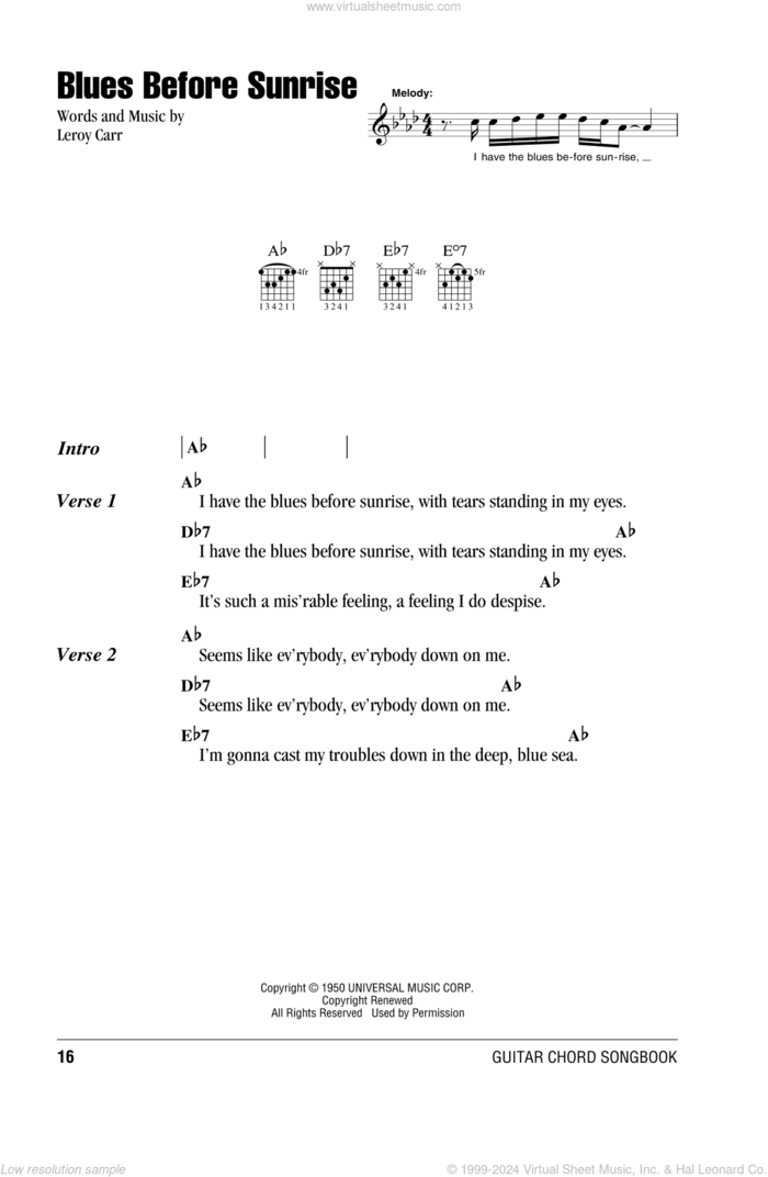 Blues Before Sunrise sheet music for guitar (chords) by John Lee Hooker and Leroy Carr, intermediate skill level