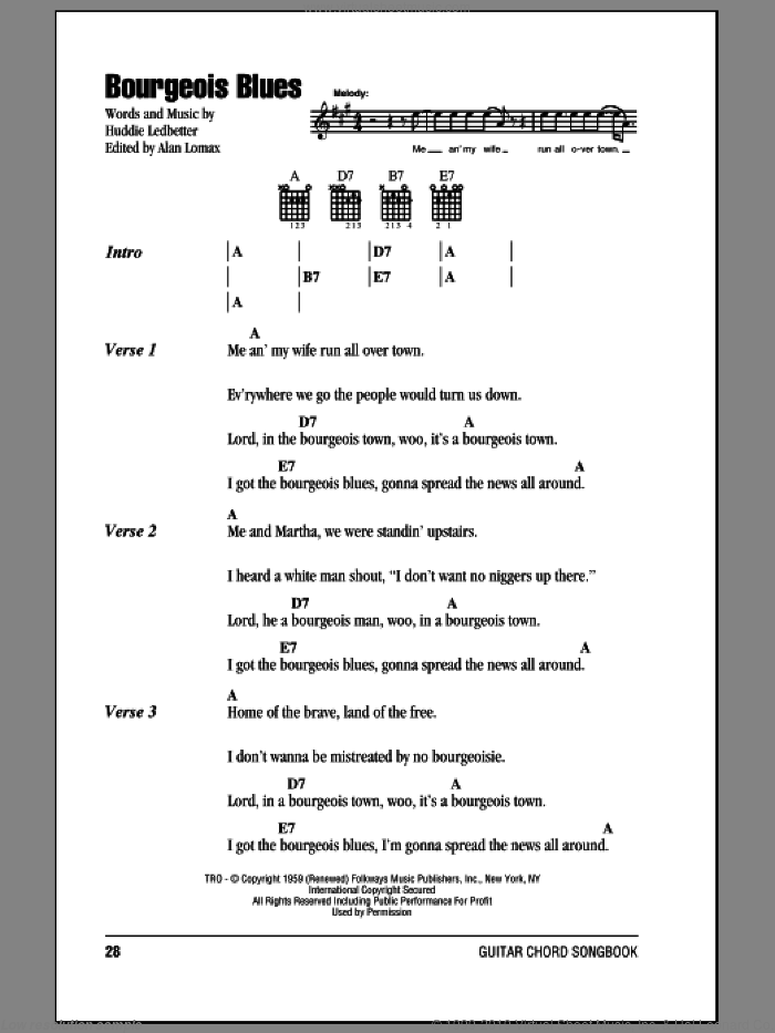 Bourgeois Blues sheet music for guitar (chords) by Lead Belly and Huddie Ledbetter, intermediate skill level