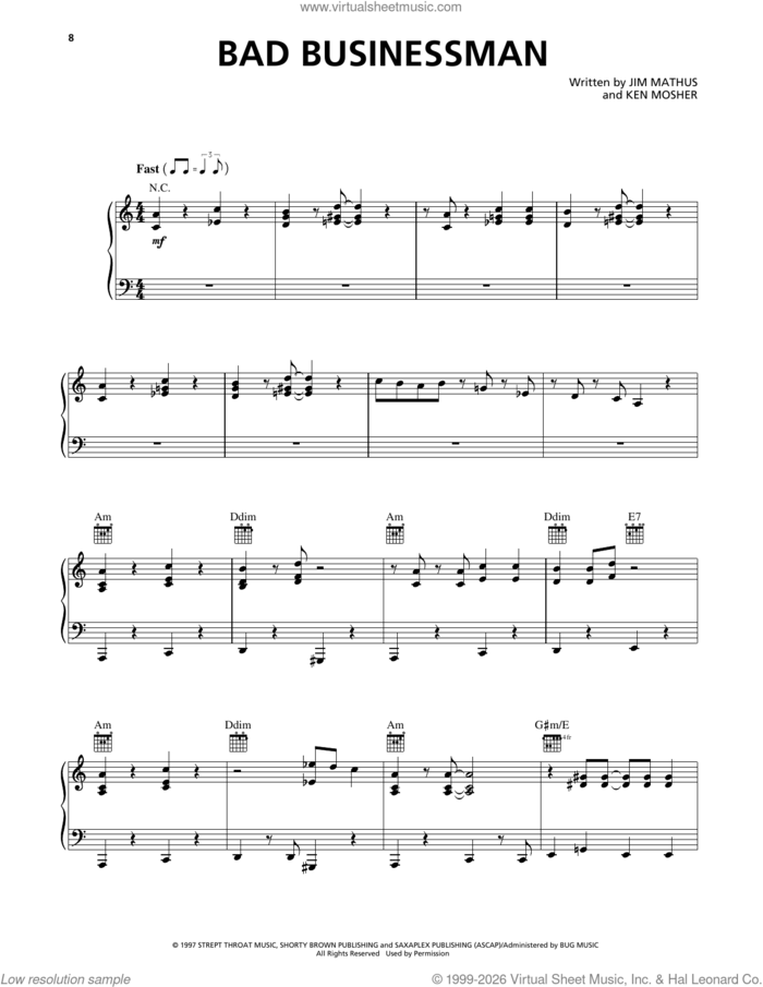 Bad Businessman sheet music for voice, piano or guitar by Squirrel Nut Zippers, Jim Mathus and Ken Mosher, intermediate skill level