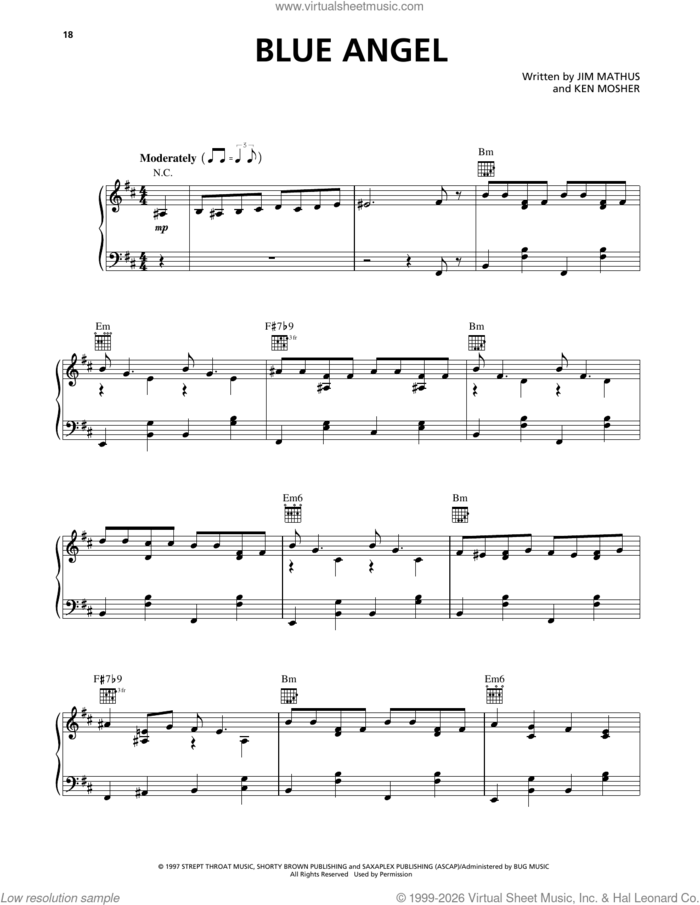 Blue Angel sheet music for voice, piano or guitar by Squirrel Nut Zippers, Jim Mathus and Ken Mosher, intermediate skill level