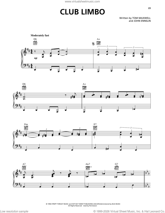 Club Limbo sheet music for voice, piano or guitar by Squirrel Nut Zippers, John Ennslin and Tom Maxwell, intermediate skill level