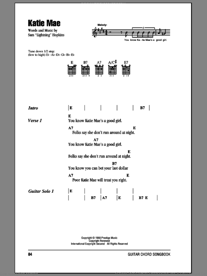 Katie Mae sheet music for guitar (chords) by Sam 'Lightning' Hopkins, intermediate skill level