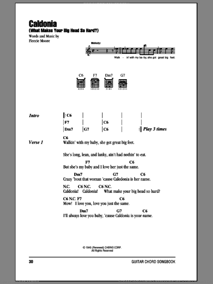 Caldonia (What Makes Your Big Head So Hard?) sheet music for guitar (chords) by Woody Herman and Fleecie Moore, intermediate skill level