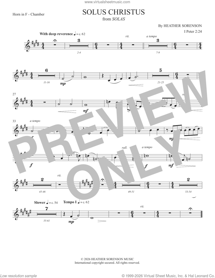 Solus Christus (from Solas) sheet music for orchestra/band (f horn) by Heather Sorenson and 1 Peter 2:24, intermediate skill level