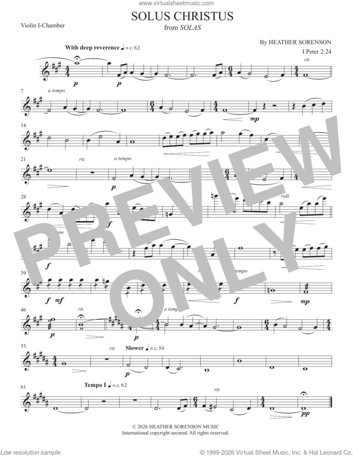 Solus Christus (from Solas) sheet music for orchestra/band (violin 1) by Heather Sorenson and 1 Peter 2:24, intermediate skill level