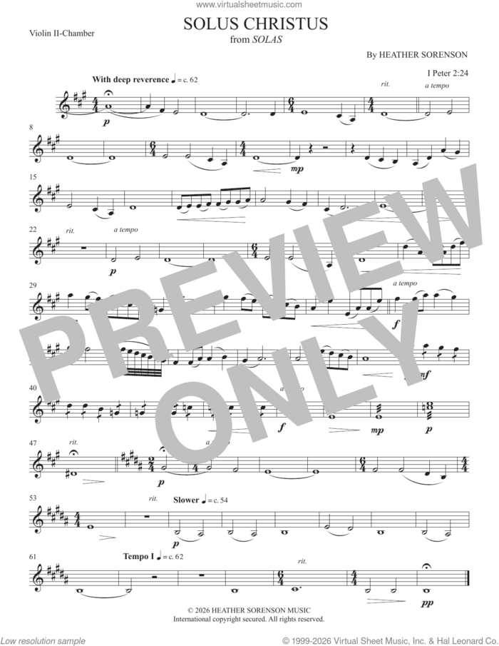 Solus Christus (from Solas) sheet music for orchestra/band (violin 2) by Heather Sorenson and 1 Peter 2:24, intermediate skill level