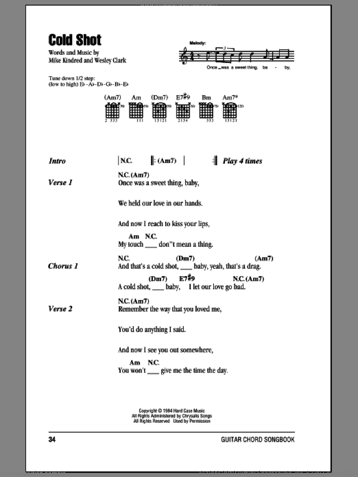 Cold Shot sheet music for guitar (chords) by Stevie Ray Vaughan, Mike Kindred and Wesley Clark, intermediate skill level