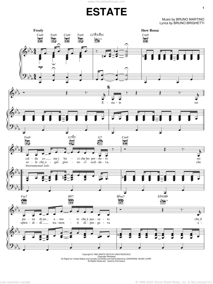 Estate sheet music for voice, piano or guitar by John Pizzarelli, Bruno Brighetti and Bruno Martino, intermediate skill level